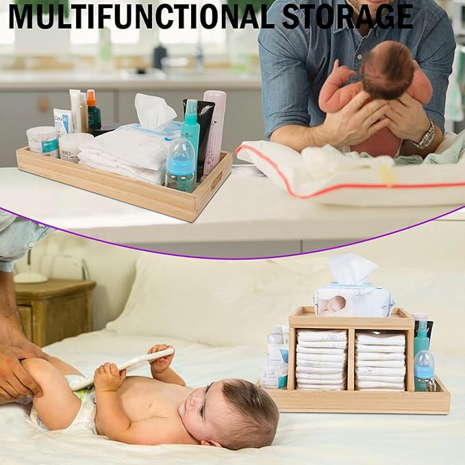 Diaper Caddy Organizer, Changing Table Organizer, Wooden Diaper Organizer for Nursery, Baby Diaper Storage Organizer with Removable Dividers (Brown, Rectangular Size)