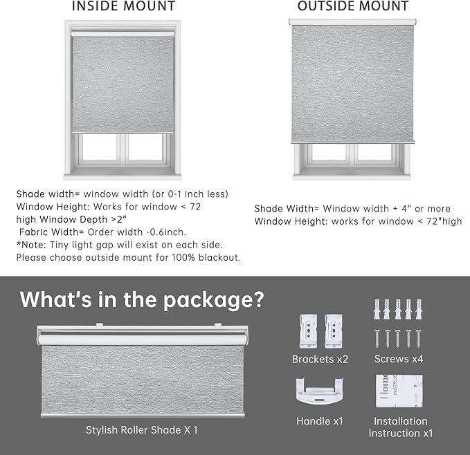 Homebox Cordless Blackout Roller Shades for Windows, 100% Room Darkening Blinds with Thermal Insulated Easy Install Spring System for Home, Living Room, Nursery (41" W x 72" H, Light Grey)