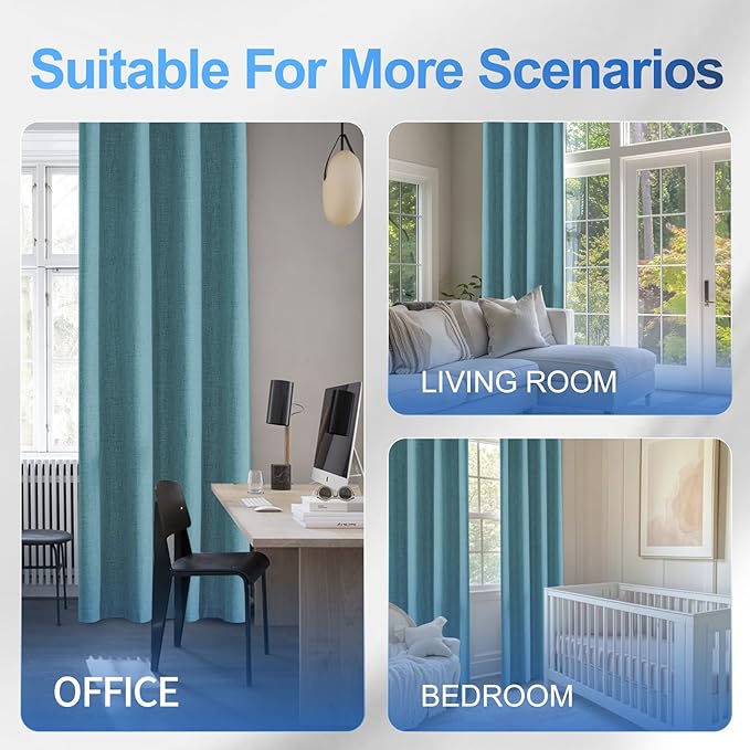 Linen 100% Blackout Curtains for Bedroom, Black Out Curtains 72 Inch Long, Room Darkening Curtains for Living Room, Long Curtain Grommets Drapes, Thermal Curtains(2 Panels, Peacock Blue)