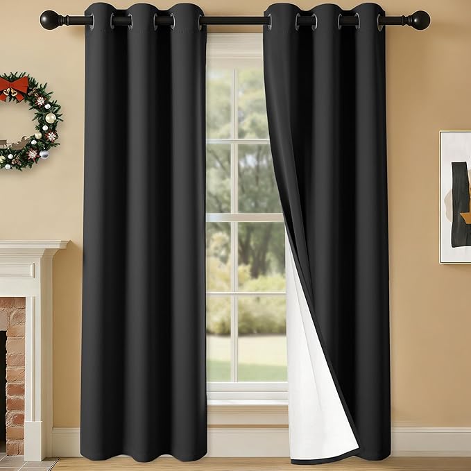 100% Blackout Curtains 84 Inch Length for Bedroom Living Room, Grommet Thermal Insulated Room Darkening Drapes, Light Blocking Window Treatment Decor, 2 Panels, 37x84, Black