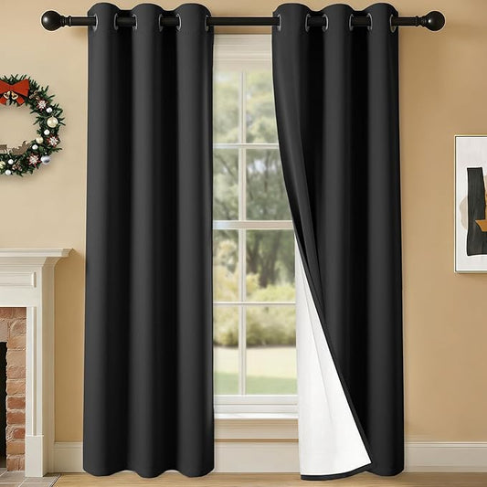 100% Blackout Curtains 84 Inch Length for Bedroom Living Room, Grommet Thermal Insulated Room Darkening Drapes, Light Blocking Window Treatment Decor, 2 Panels, 37x84, Black