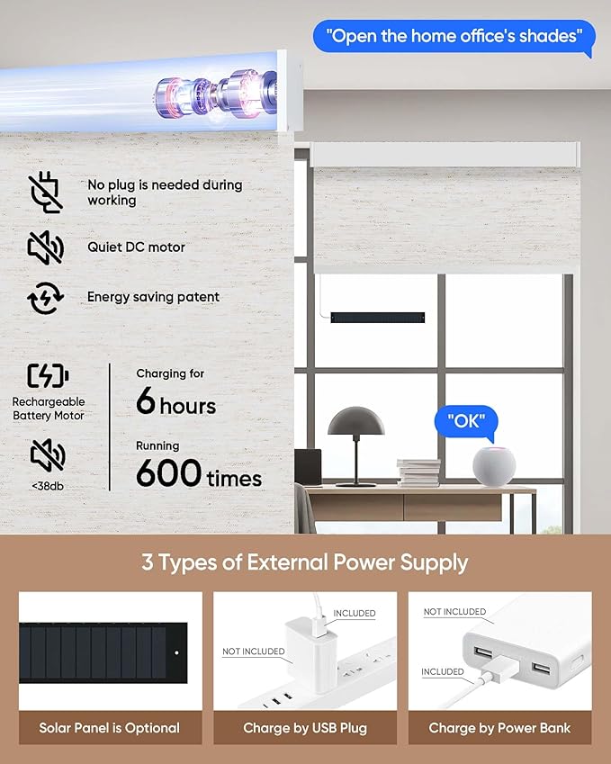 Kincmo Motorized Blinds with Remote,100% Blackout Motorized Roller Shades Work with Apple Homekit,Alexa,Google, Custom Electric Blinds with App,Voice Control (Linen White)