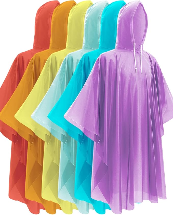 Hitituto Rain Ponchos Family Pack Kids– 6/12/24 Pack Disposable Poncho with Hood, Clear & Assorted Colors, Home Survival Kits