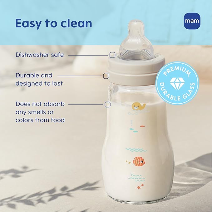 MAM Premium Glass Baby Bottles, Easy Switch Between Breast and Bottle, Feel Good Medium Flow, Newborn Essentials Must Have, 2+ Months, BPA Free, 9oz, Boy, 3pack