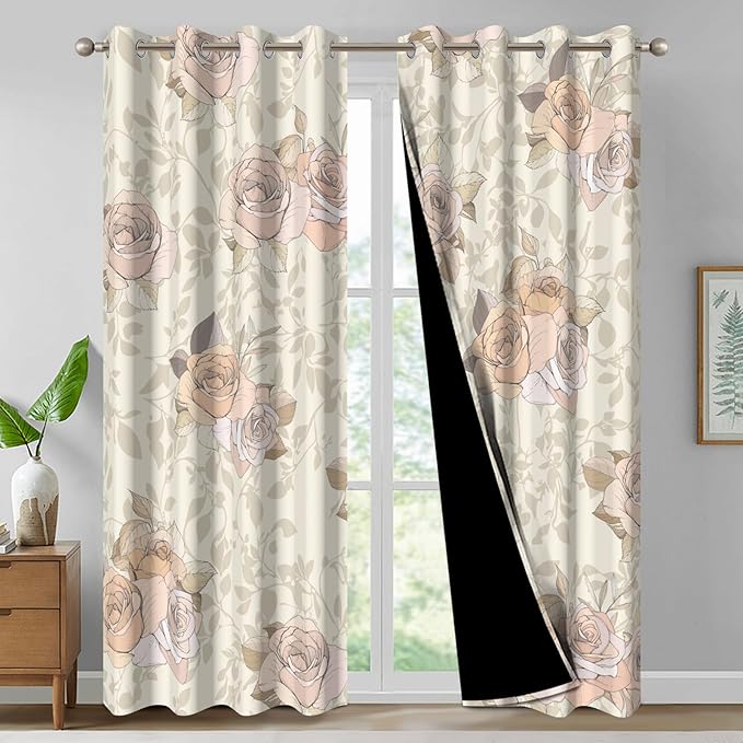 Floral Bedroom Living Room Blackout Window Curtains 84 Inch Long, Room Darkening Black Out Bedroom Curtains 2 Panel Sets, Grommet Nursery Girls Light Filtering Soundproof Insulated Curtains for Winter