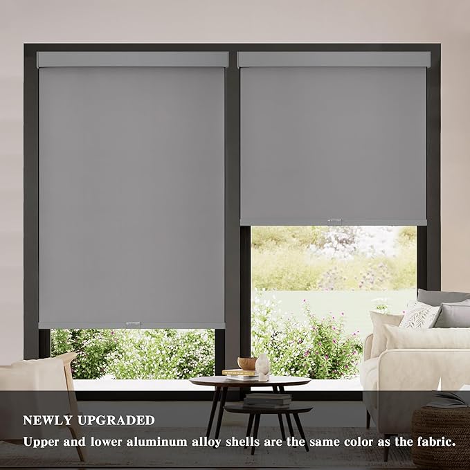 AOSKY Blackout Roller Shades Cordless Blinds for Windows, Free-Stop Shades with Valance, Thermal Insulated Fabric, UV Protection, Natural Woven Blinds for Home and Office (59" W x 72" H, Grey)
