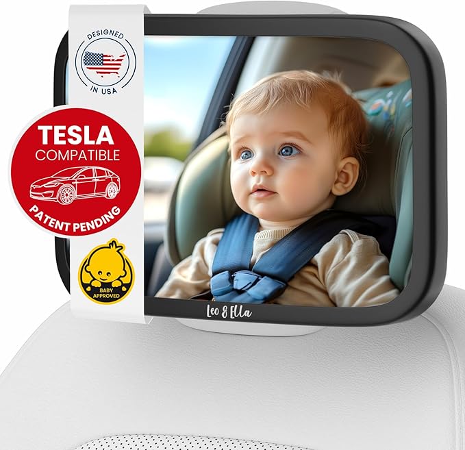 Leo&Ella Extra Large Baby Car Mirror for Tesla & Fixed Headrests, Secure View of Infant in Rear Facing Carseat with Continuous Loop System, 100% Shatterproof, 13.7 Inch Convex Mirror, 360 Rotation