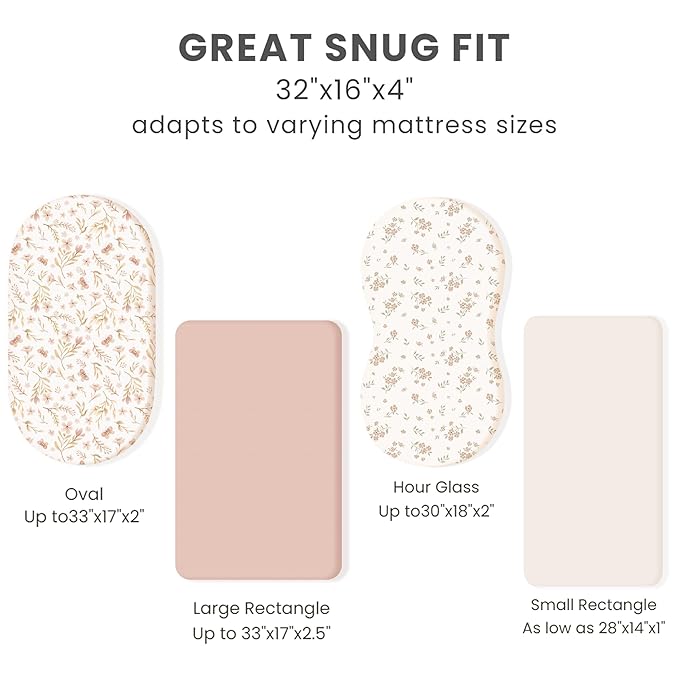 Konssy 3 Pack Stretchy Bassinet Sheets for Baby Girl Boy, Soft Breathable Baby Bassinet Mattress Sheets Fit for Hourglass Oval Cradle, Moses Basket Rectangle Mattress (Pink Spring)