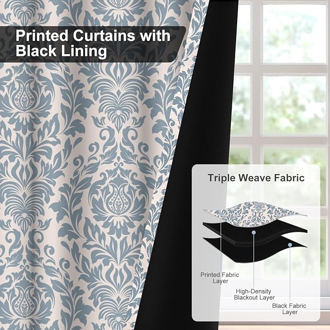 Bedroom Curtains 84 Inches Long, Blackout Curtains for Living Room Darkening, Vintage Damask Pattern Blue Curtain 2 Panels Set, Grommet Thermal Privacy Black Out Window Drapes for Bedroom Nursery