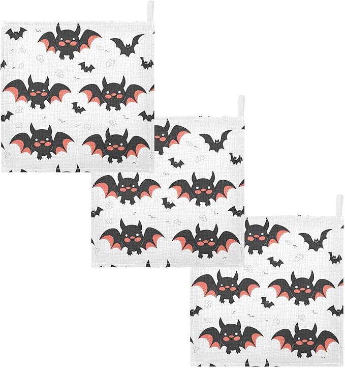 vvfelixl Baby Muslin Washcloths Cute Bats Cartoon Baby Burp Cloths Cotton Baby Face Towel for Newborn Infants Boys Girls Soft and Absorbent 11.8 X 11.8 in, 3 Pack
