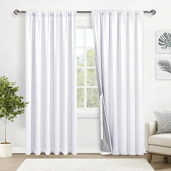 XWZO 100% Blackout Curtain 84 Inches Length 2 Panels Set - Extra Wide Thermal Insulated Noise Reducing Heat Blocking Drapes for Bedroom with Tiebacks, Rod Pocket/Back Tab, White, W70 x L84, 2 Pieces