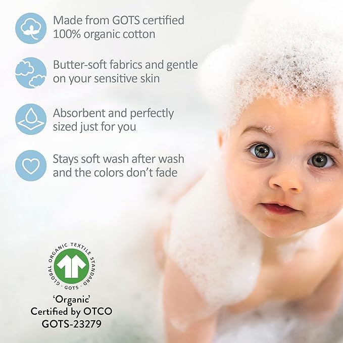 River 10-Pack Baby Terry Washcloths 100% Organic Cotton Absorbent for Baby and Toddler Boys & Girls, Sunny Blue Rainbow, One Size