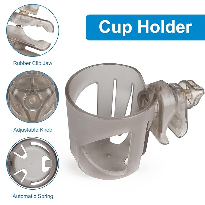 Accmor Universal Cup Holder, Stroller Cup Holder, 360° Rotatable Large Caliber Designed Bottle Holder for Stroller, Bike, Wheelchair, Walker, Scooter, Transparent Grey