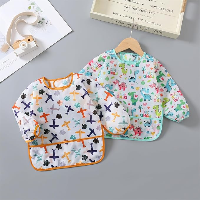 HaimoBurg 3 Pcs Waterproof Long Sleeves Baby Bibs Weaning Smock Bib 3-24 Months
