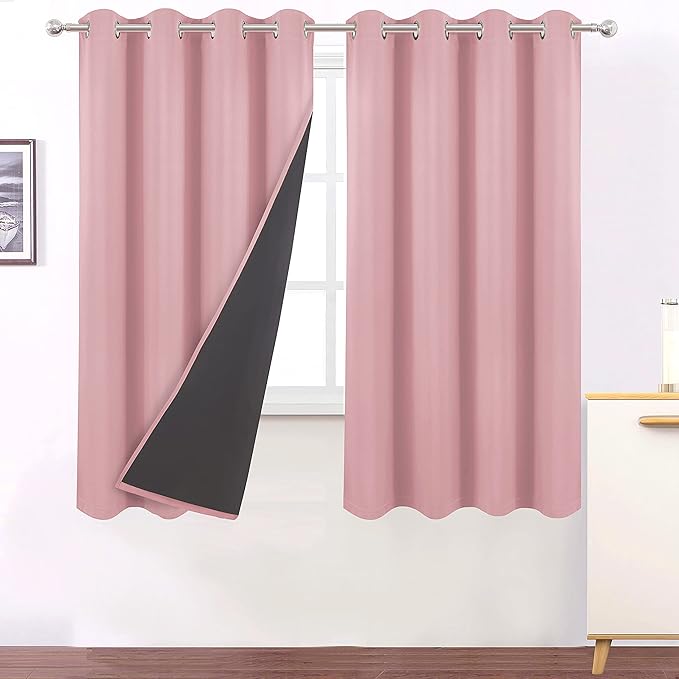 LEMOMO 100% Blackout Curtains 52 x 72 Inch/Pink Curtains 2 Panels with Black Lining Room Darkening Thermal Insulated Bedroom Curtains