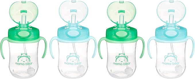 Mama Bear Sippy Cup, Silicone, 9 Ounces | Weighted Straw | Pack of 4 | Blue/Green