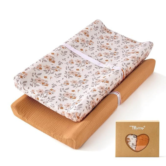 TILLYOU Muslin Changing Pad Cover for Baby Girls Boys, Soft and Breathable Cotton Diaper Changing Table Cover, 2 Pack(Yellow Flower)