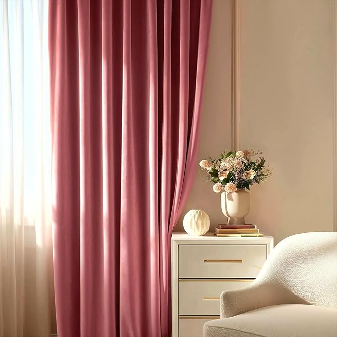 Topfinel Velvet Curtains 90 Inch Long, Dusty Rose Pink Blackout Thermal Nursery Light Blocking Window Curtains for Bedroom, Sound Dampening Victorian Privacy Decorative Drapes 2 Panels Preppy Decor