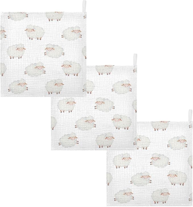 vvfelixl Baby Washcloths Cotton Cute Curly Lamb Muslin Count Sheep Soft Face Towel for Newborn Infants Wipes, 11.8 X 11.8 Inch, 5 Pack White