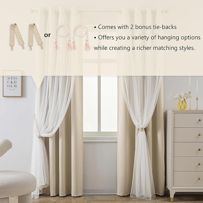 MYSKY HOME Beige Curtains with Sheer Overlay for Bedroom & Living Room Elegante Modern Nursery Kids Cream 70% Blackout Drapes, Grommet Tops, 52x84 Inch Each Panel, 2 Panels