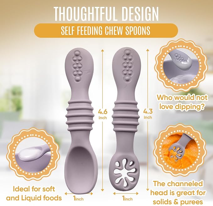 HippoBaby 4pc Silicone Baby Spoons Self Feeding Baby Utensils 6-12 Months - 3 Baby Spoon - 1 Baby Fork - Toddler Cutlery Set - BPA Free, Dishwasher Safe, Baby Eating Essentials (Light pink/Army Green)