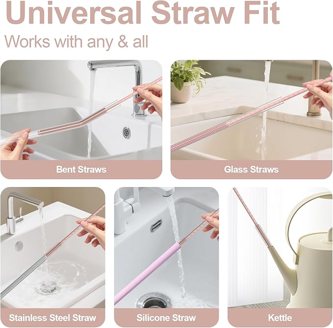 YOTIME Silicone Straw Cleaner Brush, 2 Pcs Reusable Straw Brush(6mm+9mm) for Cleaning Narrow & Wide Straws, Tumblers, Pink
