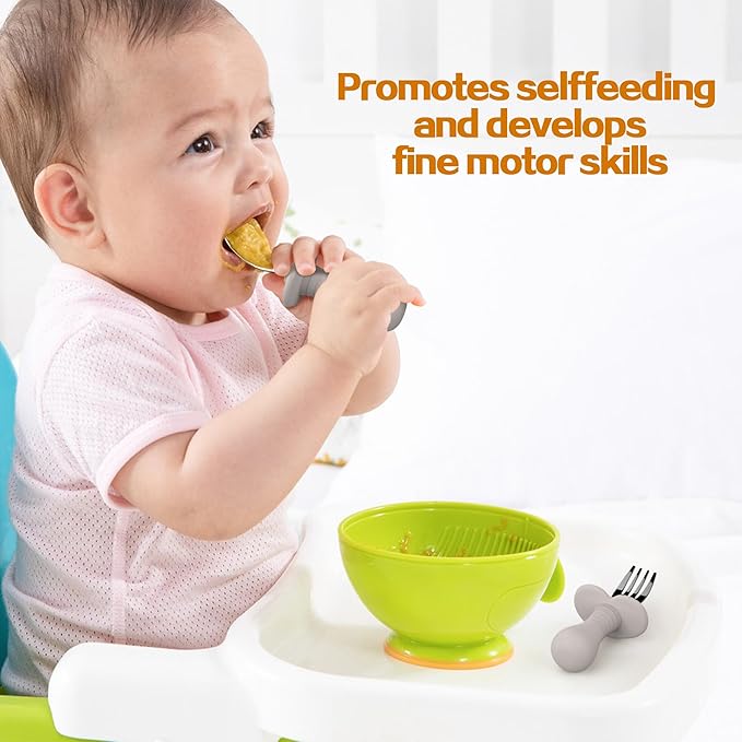 2 Pieces Toddler Utensils Forks and spoons set, Stainless Steel Childrens Silverware for Safe flatware Metal Kids Cutlery set with Round Handle, BPA Free, Anti-Choke Design (Grey)
