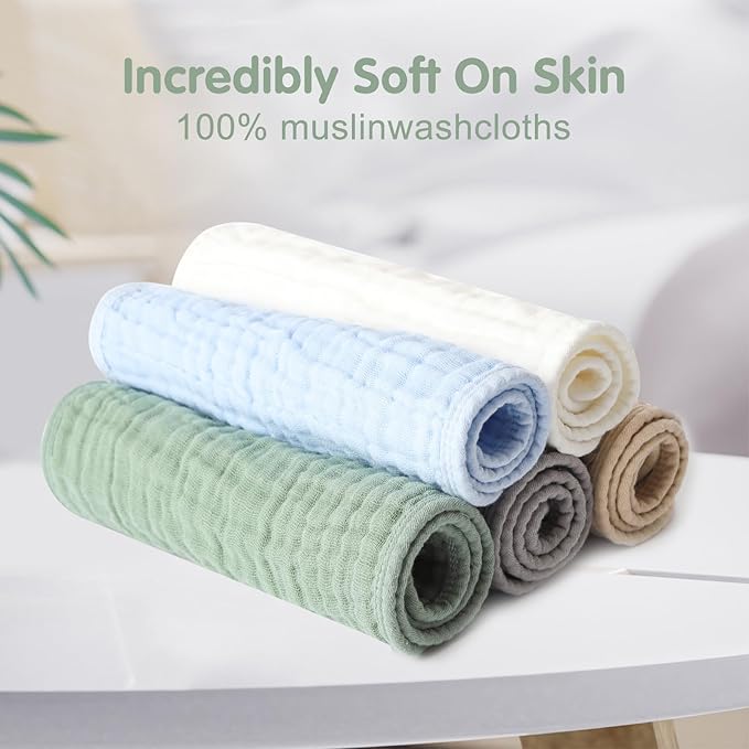 Arnzion Muslin Burp Cloths Set for Babies 100% Cotton Baby Washcloths, Large 20''x10'' Extra Absorbent and Soft 10 Pack for Boys & Girls Blue Grey Green