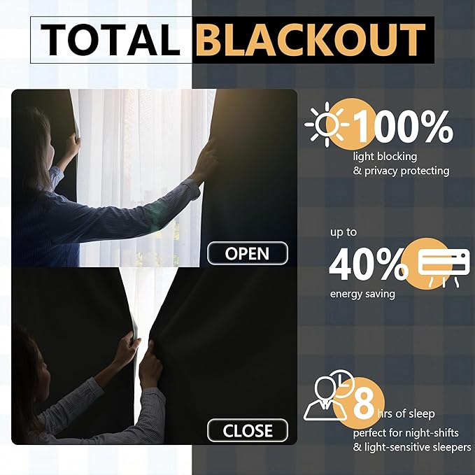 Amzdecor Blue White Buffalo Plaid Full Blackout Curtains 84 Inch Long for Bedroom Living Room Farmhouse Check Patterned Drapes Thermal Insulated Soundproof Grommet Window Treatment, 2 Panels, 40"x84"
