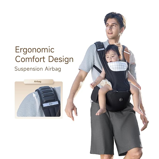 HBR Baby Carrier with Hip Seat, 2-in-1 Ergonomic Front Facing Toddler Carrier, Breathable Mesh, Air-Padded Shoulder Straps & Reflective Back Support, Fits Waists up to 47 Inches, Black