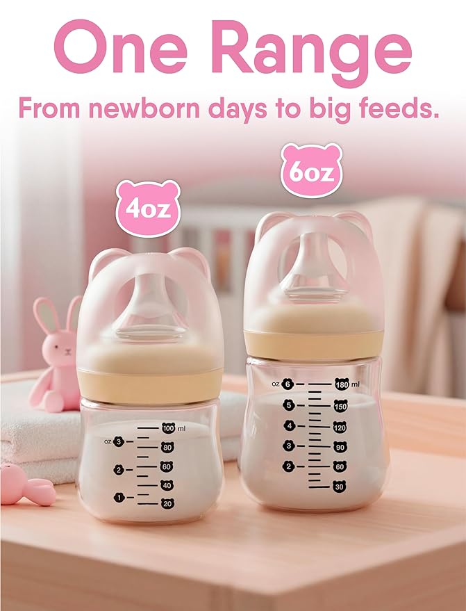Glass Baby Bottles Anti Colic Set 2 Pack 4oz and 6oz BPA Free Heat Resistant Borosilicate Glass with 3 Silicone Nipples Wide Neck Gift Box Baby Shower Easy to Sterilize for Newborn Infant 0-9 Months