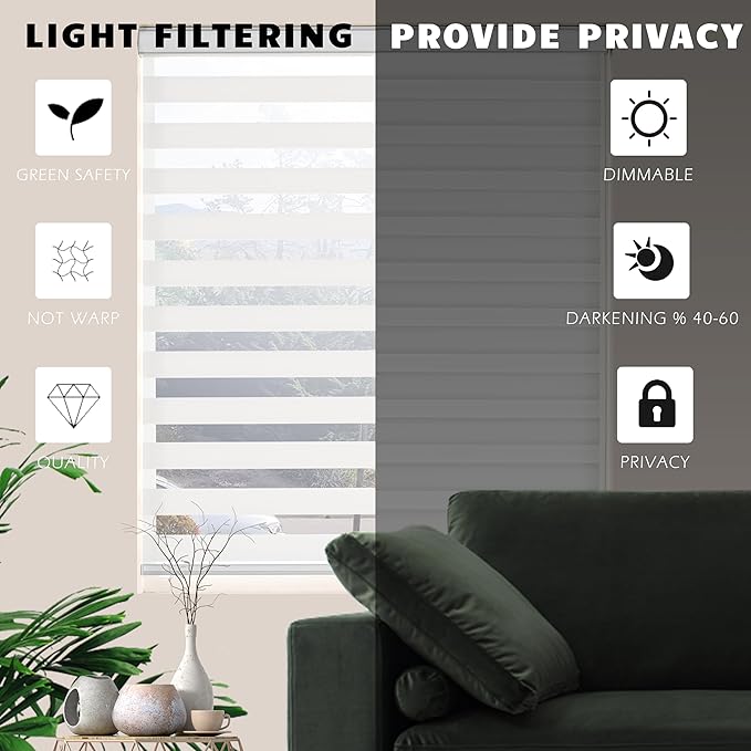 Zebra Blinds for Windows Dual Layer Light Filtering Privacy Free-Stop Sheer Shades Light Control for Indoor Windows Zebra Shades for Living Room(21" W X 72" H, White)