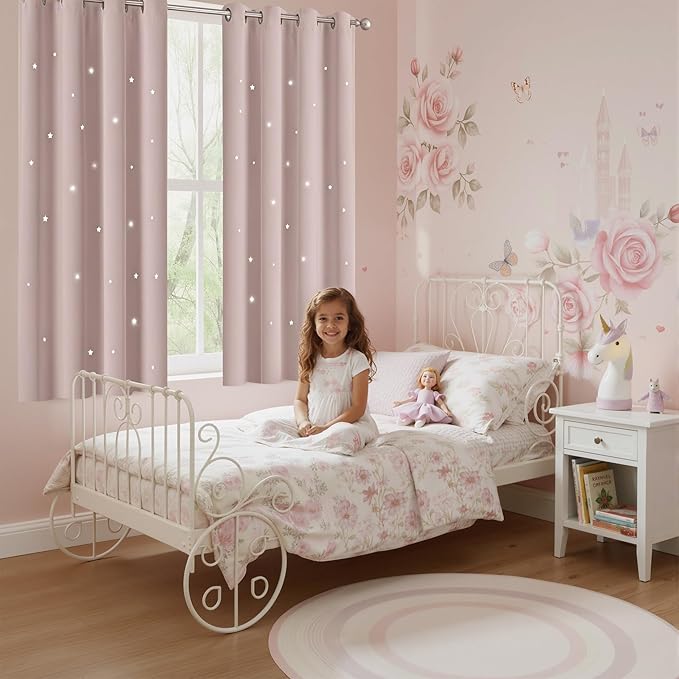 NICETOWN Star Window Curtains for Girls - Magical Star Cut Room Darkening Drapes and Draperies for Baby Nursery/Girls Dorm/Bedroom (Lavender Pink=Baby Pink, Set of 2 Panels, 52W x 63L inches)