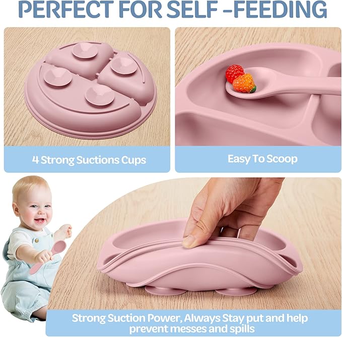 Potchen 6 Pack Suction Plates for Baby with Spoon Fork Divided Toddler Plate with Suction Silicone Baby Self Feeding Set for Boys Girls (Dark Gray, Army, Dark Blue, Orange, Khaki, Pink)