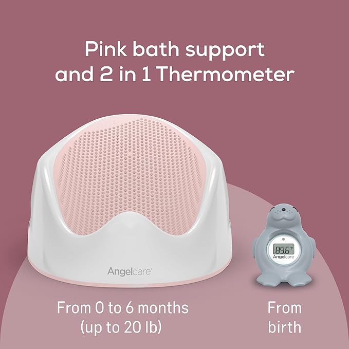 Angelcare Baby Pink Soft Touch Bath Support & Thermometer Bundle | Newborn Baby Bathtub 0-6 Months | Baby Registry Must-Have | Newborn Essentials for Safe & Comfortable Bath Time