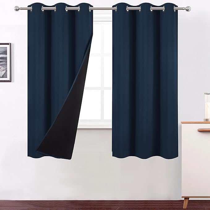 LEMOMO Navy Blue Curtains 63 Inch Length 100% Blackout Curtains 2 Panels with Black Liner/Double Layer Full Room Darkening Bedroom Curtains