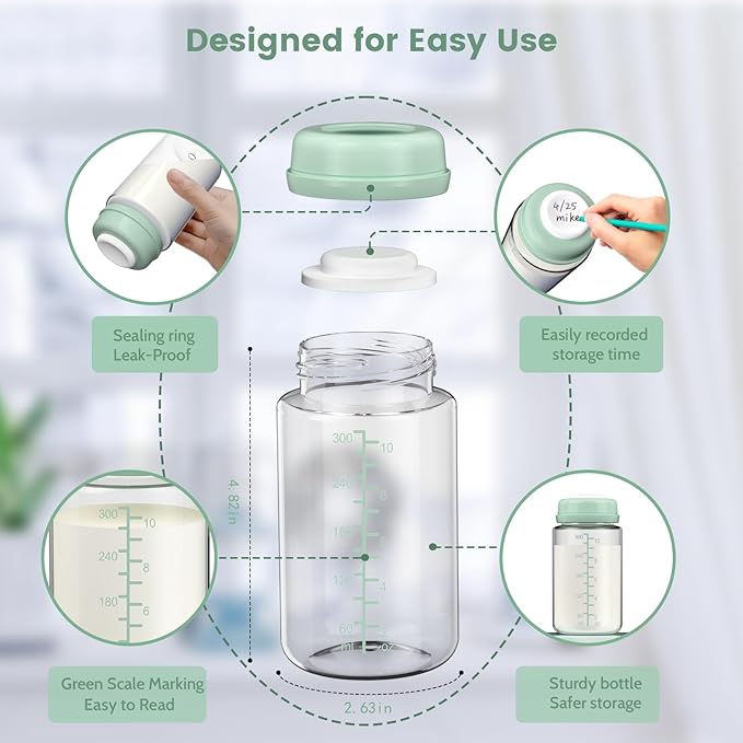 IVARONAL 4 Pack 10oz Wide-mouth Breastmilk Storage Bottle for Momcozy 22oz Portable Breast Milk Cooler, Pumping Storage Containers Compatible with Spectra S1/S2/9 Plus/SG/Motif Luna (4PC/Green Lids)