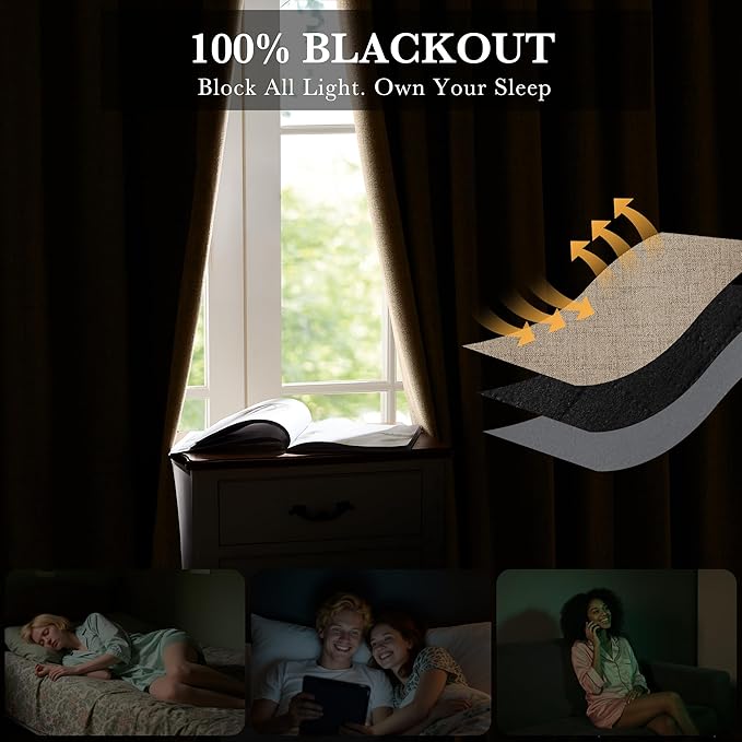 RYB HOME Burlap 100% Blackout Linen Curtains 78 inch Long, Thermal Insulated & Privacy Assurd Home Decor Drapes for Bedroom/Office/Nursery, Rod Pocket & Back Tab Window Treatment, W52 X L78, 2 Panels