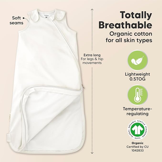 2-Pack Organic Baby Sleep Sacks, 100% Cotton - Soft & Breathable 0.5TOG Baby Wearable Blanket,Toddler Sleeping Sack 0-6 months, Easy to Wear Transitional Swaddles for Newborns, Infants (Soft White, S)