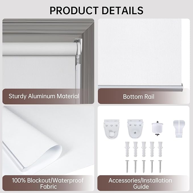 Allbright Linen Roller Shades with Wand Rod, Cordless Fabric Roller Blinds with Thermal Insulated, 100% Blackout Window Shades for Home, Office, Bedroom, White, 32" W x 72" H