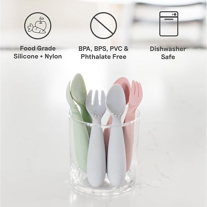 ezpz Mini Utensils - 12 Months+ (Fork & Spoon in Pewter) - 100% BPA Free Fork and Spoon - Toddler Utensils - Designed by a Pediatric Feeding Specialist