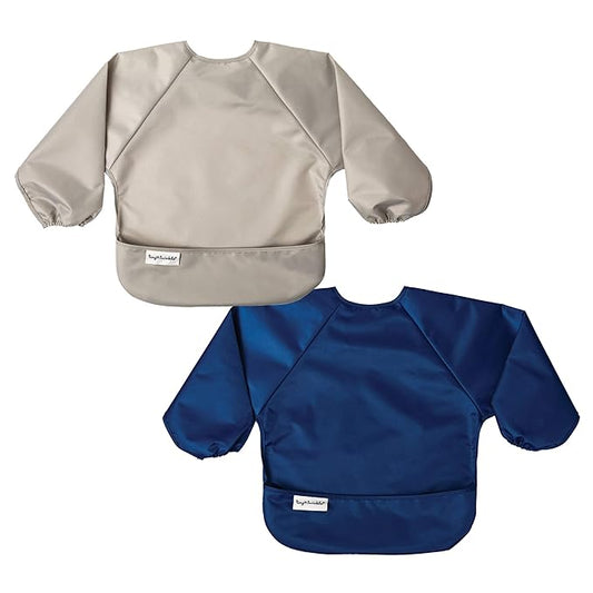 Tiny Twinkle Long Sleeve Bib for Babies & Toddlers | 2-Pack Waterproof Smock Bib for Eating | Machine Washable & Mess-Proof Feeding Essentials | Newborn Shower Gift (Grey Indigo,2-4Y)