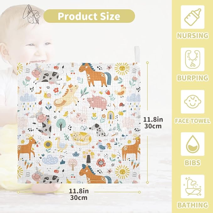 Baby Washcloths Cotton Cute Farm Animals Baby Muslin Washcloths Soft Baby Face Towel for Newborn Infants Baby Wipes, 11.8 X 11.8 Inch, 5 Pack