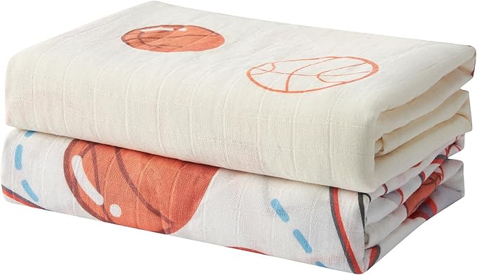 70% Rayon Made from Bamboo 30% Cotton Muslin Swaddle Blanket, 47 x 47 Inches, Basketball Print Baby Receiving Blanket, Soft and Breathable, Unisex, 2 Pack