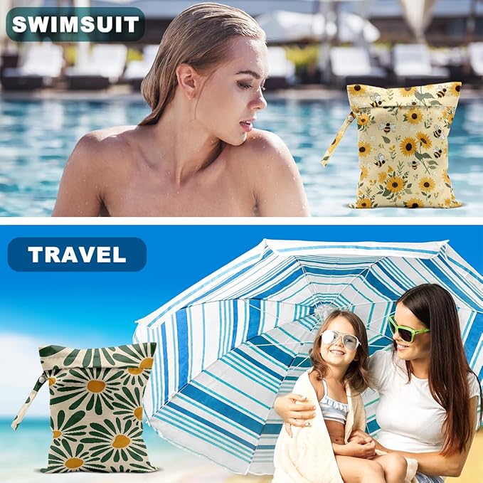 Hanamiya Na 2Pcs Sunflower Print Wet Bags, Wet Dry Bag Reusable Zipper Pouch for Swimsuit, Diapers, Travel, Pool, Beach, Dirty Yoga Gym Clothes, Toiletries, Waterproof Birthday Christmas Gifts