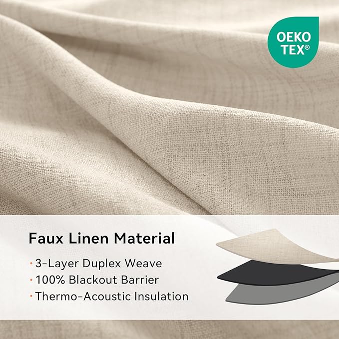 100% Blackout Shield Curtains, Linen Blackout Drapes 50''W x 72''L, 2 Panels, Natural Flax, Grommet, Thermal Insulated, Full Light Blackout Curtains for Bedroom