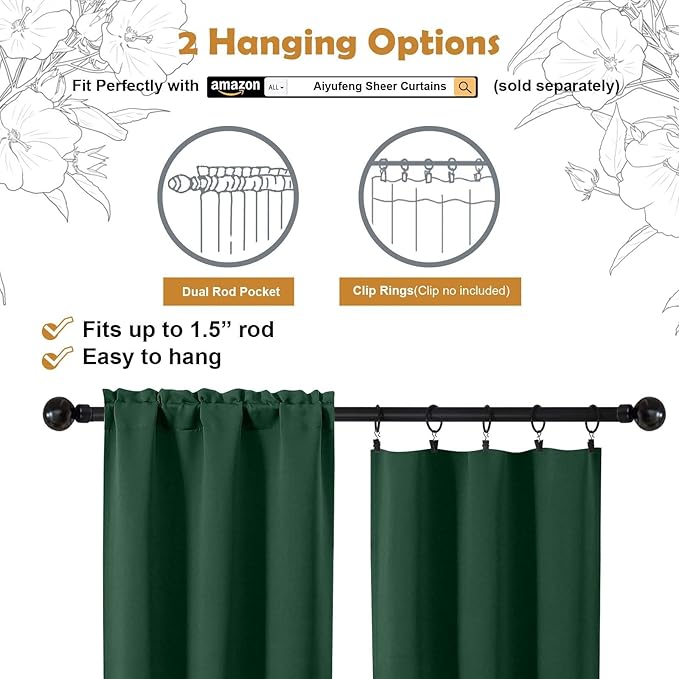 Aiyufeng Ever Green Blackout Curtains for Bedroom 63 Inch Length 2 Panels Set, Thermal Insulated Energy Saving Rod Pocket Window Treatment Curtains Blackout Drapes, W40 x L63 Inch, Ever Green