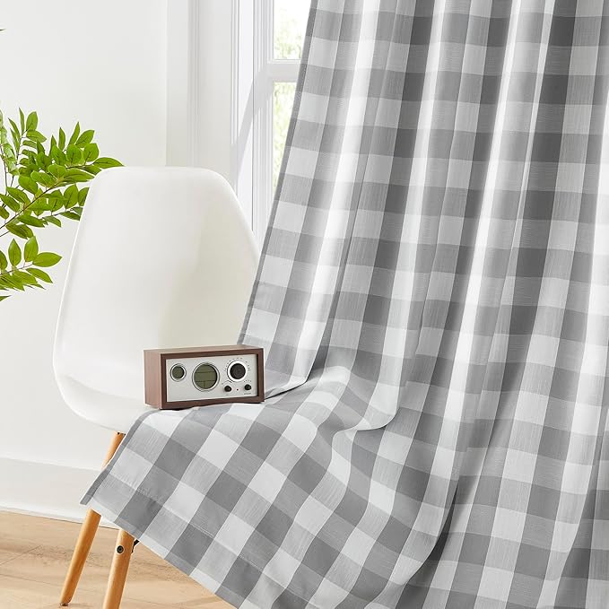 Amzdecor Buffalo Check Plaid Full Blackout Window Curtains 84 Inches Long for Bedroom Noise Reducing Total Room Darkening Grommet Drapes,Vintage Farmhouse Window Treatment,2 Panels,40"x84",Gray White