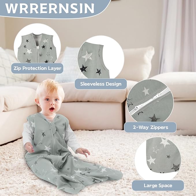 Wrrernsin 3 Pack Baby Sleep Sack 18-24 Months 100% Cotton TOG 0.5 Baby Sleeping Bag 2-Way Zipper Toddler Wearable Blankets Comfy Stretchy Summer Sleep Sacks
