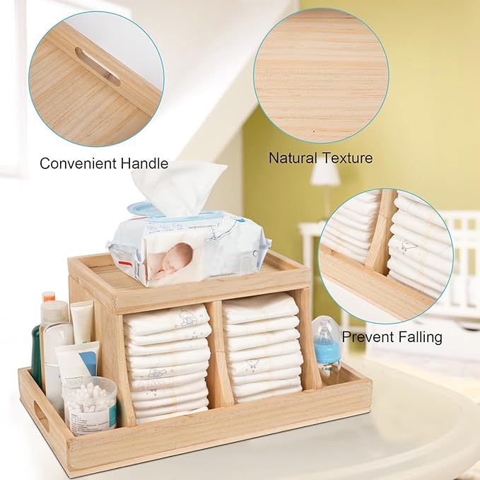 Diaper Caddy Organizer, Changing Table Organizer, Wooden Diaper Organizer for Nursery, Baby Diaper Storage Organizer with Removable Dividers (Brown, Rectangular Size)